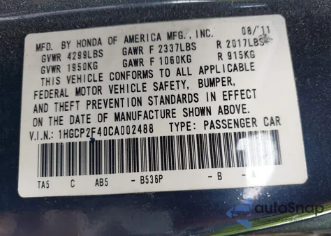 2012 Honda Accord 2.4 Lx-P from USA, damaged, VIN 1HGCP2F40CA002488